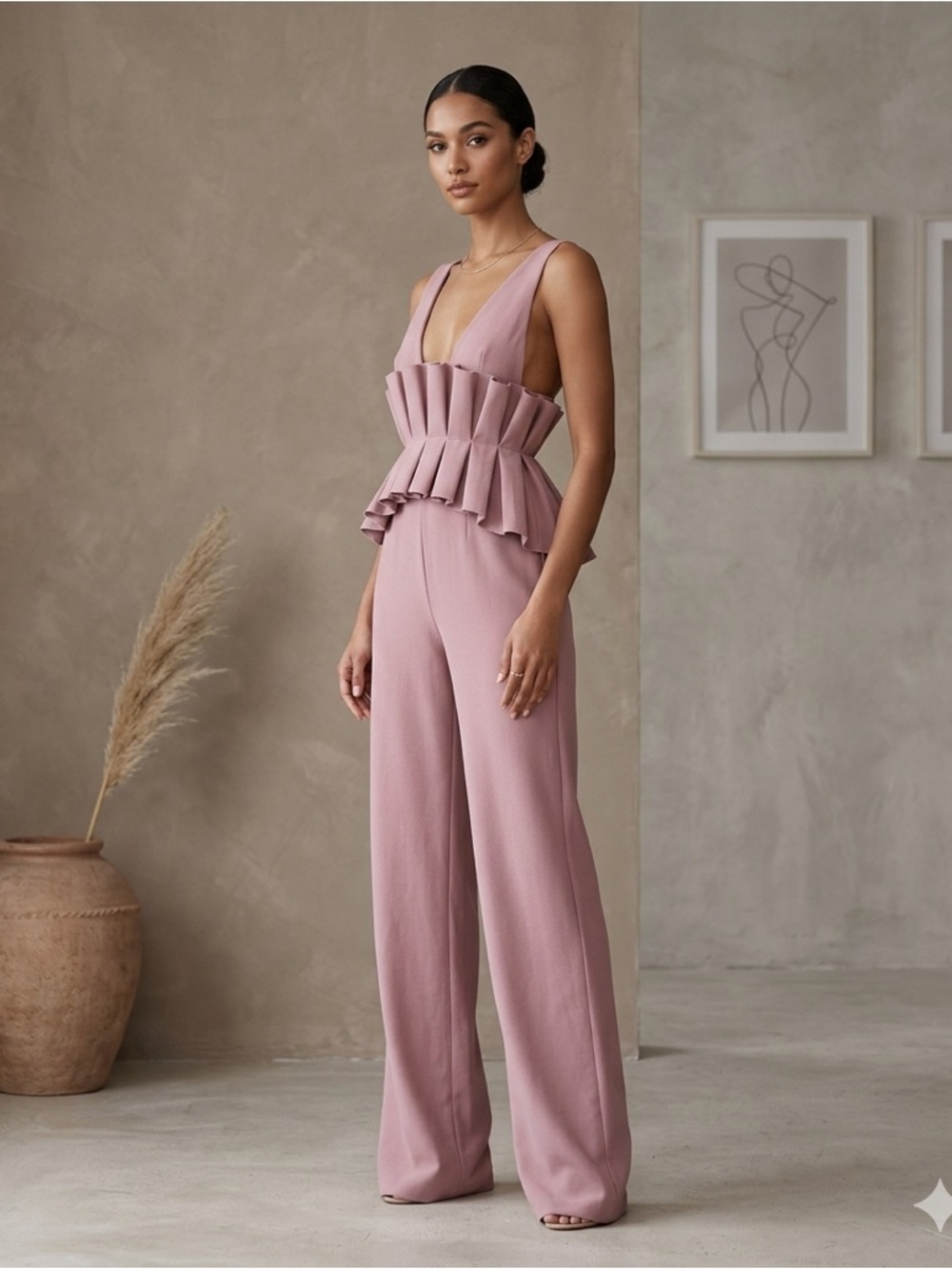 Andrea Iyamah Vera Jumpsuit Mauve XS Pleated Ruffle Deep V NWT